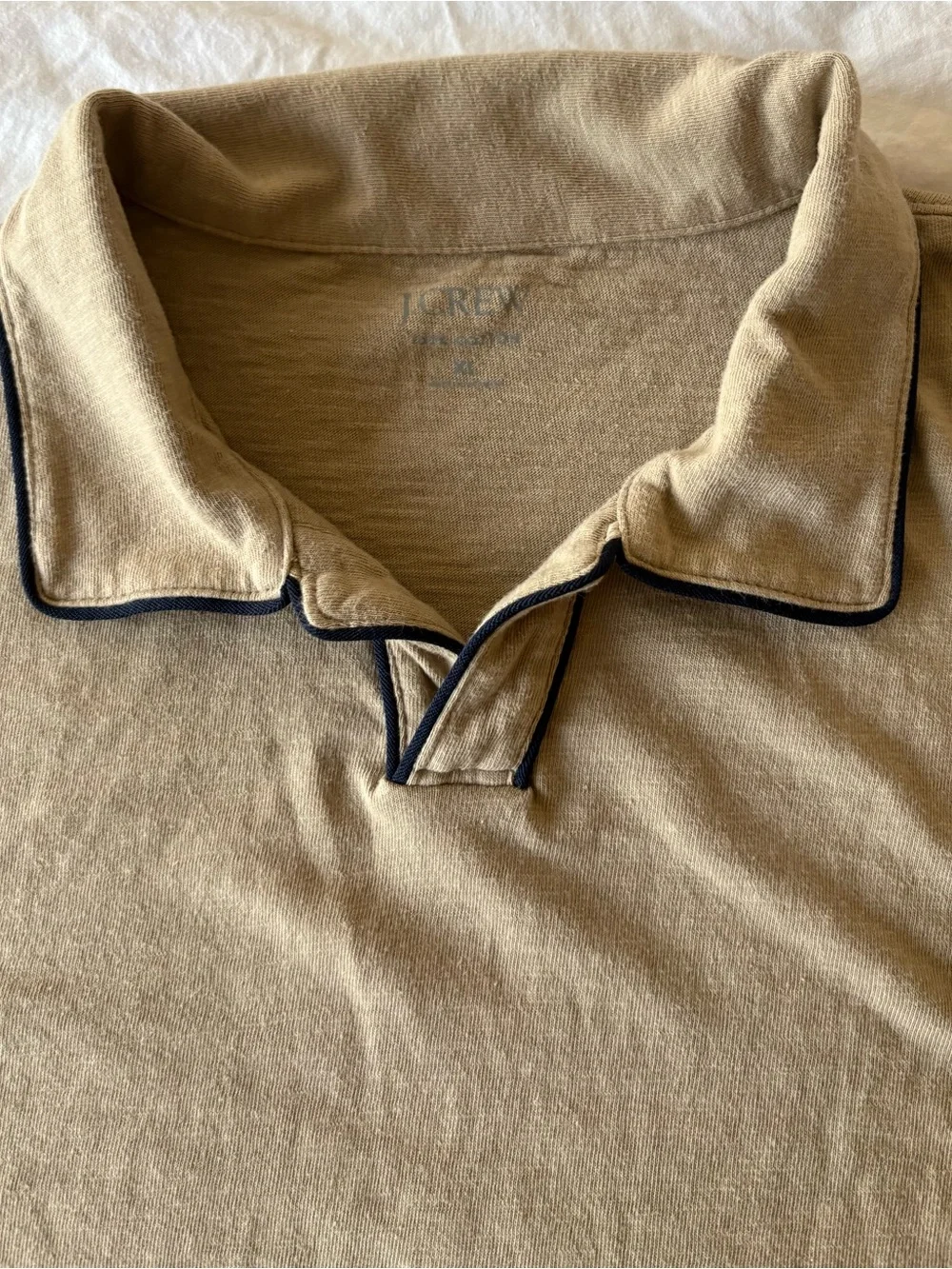 J. Crew Men's Johnny Collar Polo Shirt Tipped Trim Khaki Beige Size XL